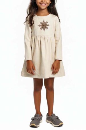 Velvet Girls Dress with Mandala Embroidery - 100% Natural Cotton