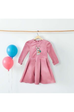 Pink Girls Dress - Rabbit Embroidered,100% Cotton